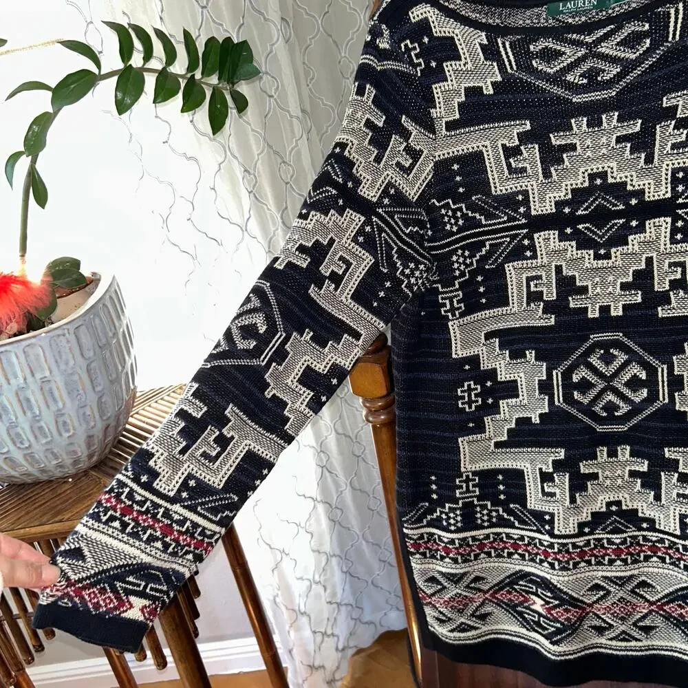 Ralph Lauren Women's Southwestern Aztec Cotton Sweater Tunic Length Large